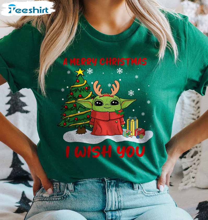 A Merry Christmas I Wish You Shirt, Baby Yoda Reindeer Short Sleeve Hoodie