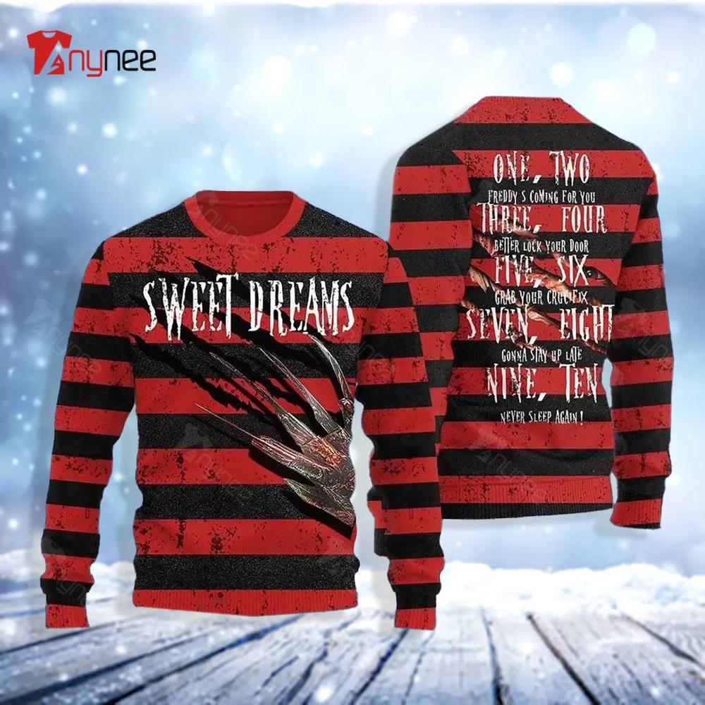 A Nightmare On Elm Street Sweet Dreams One Two Freddy Is Coming Ugly Christmas Sweater- Best Christmas Gifts 2023