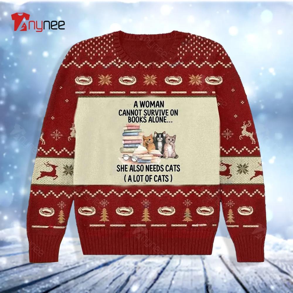 A Woman Cannot Survive On Books Alon She Also Needs Yarn Books Ugly Christmas Sweater- Best Christmas Gifts 2023