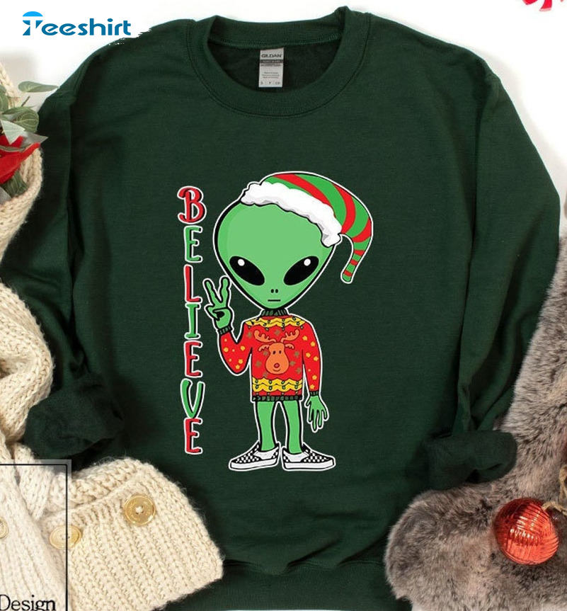 Alien Believe Shirt, Christmas Vintage Unisex Hoodie Short Sleeve