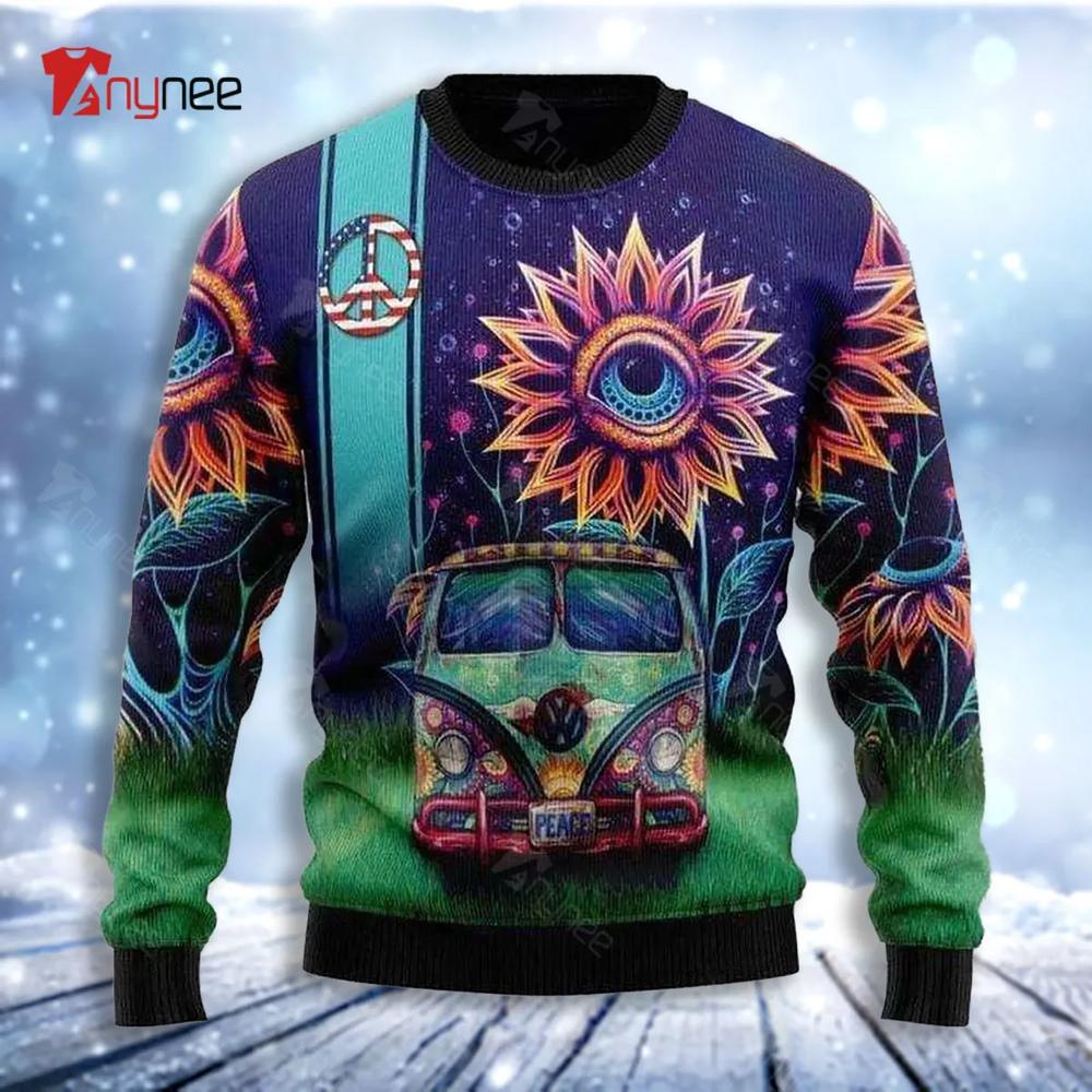 Amazing Hippie Van And Sunflower Eyes Ugly Christmas Sweater- Best Christmas Gifts 2023