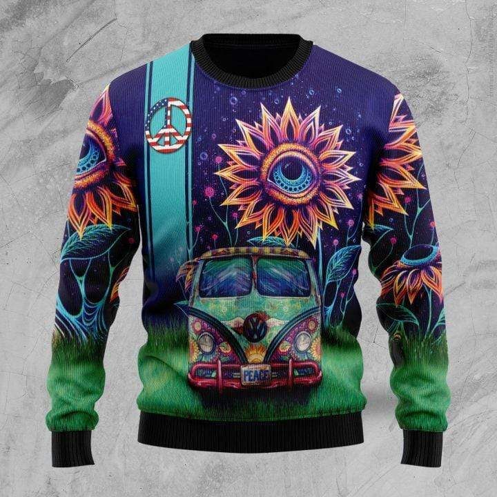 Amazing Hippie Van And Sunflower Eyes Ugly Christmas Sweater | Unisex | Full Size | Adult | Colorful | US3837- Best Christmas Gifts 2023