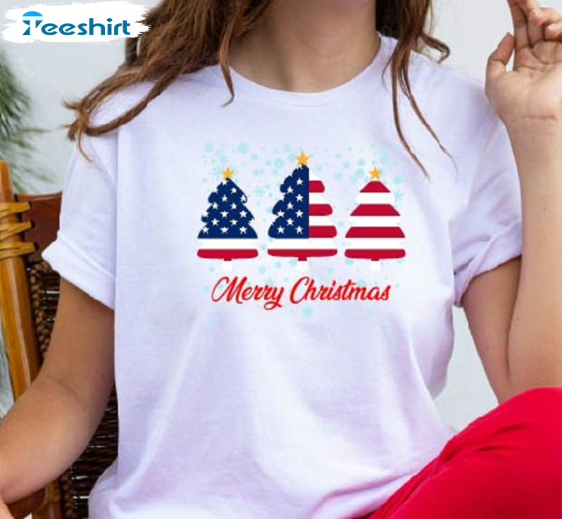 American Flag Christmas Tree Sweatshirt, Christmas Family Short Sleeve Hoodie