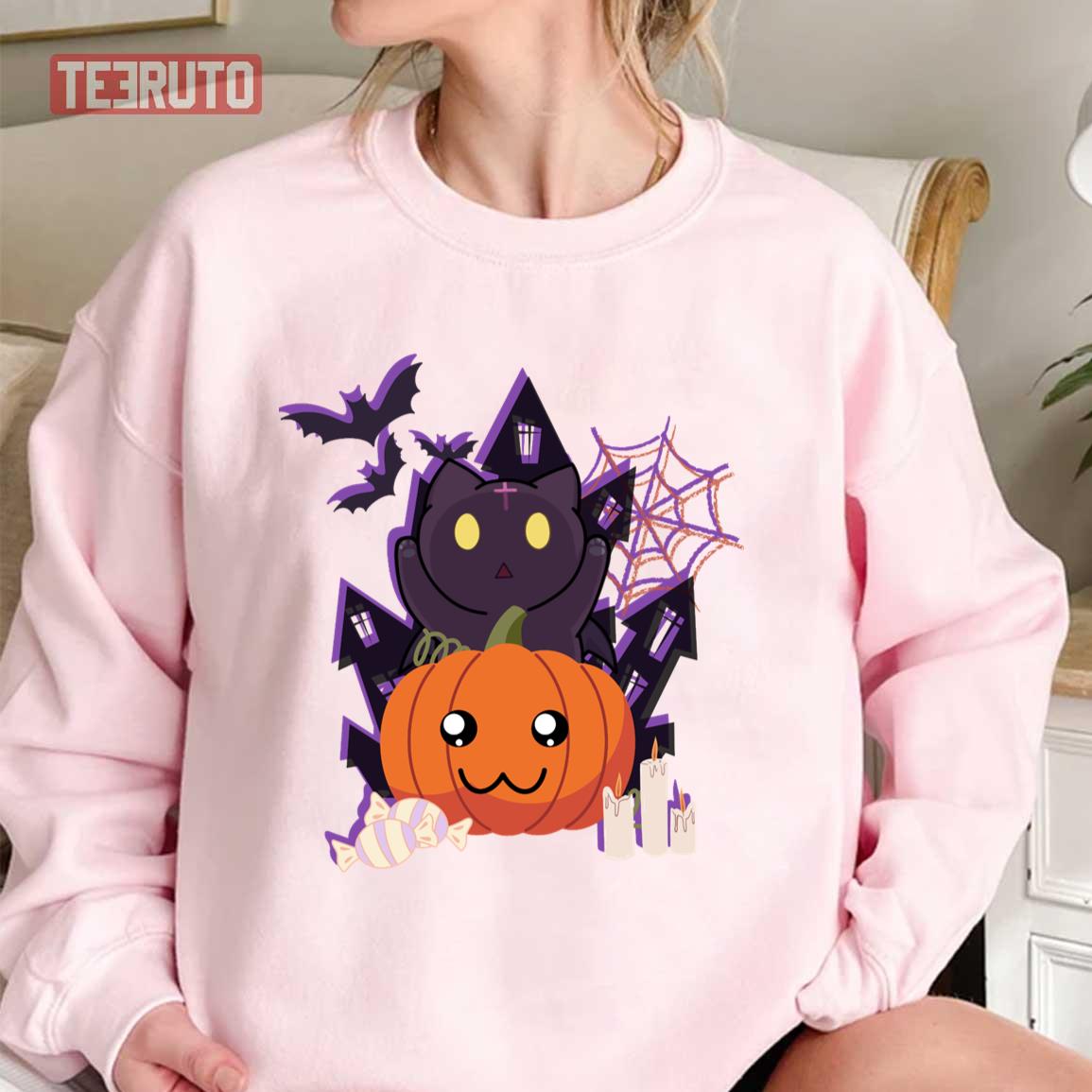 Anime Demon Cat And Pumpkin Halloween Unisex T-Shirt