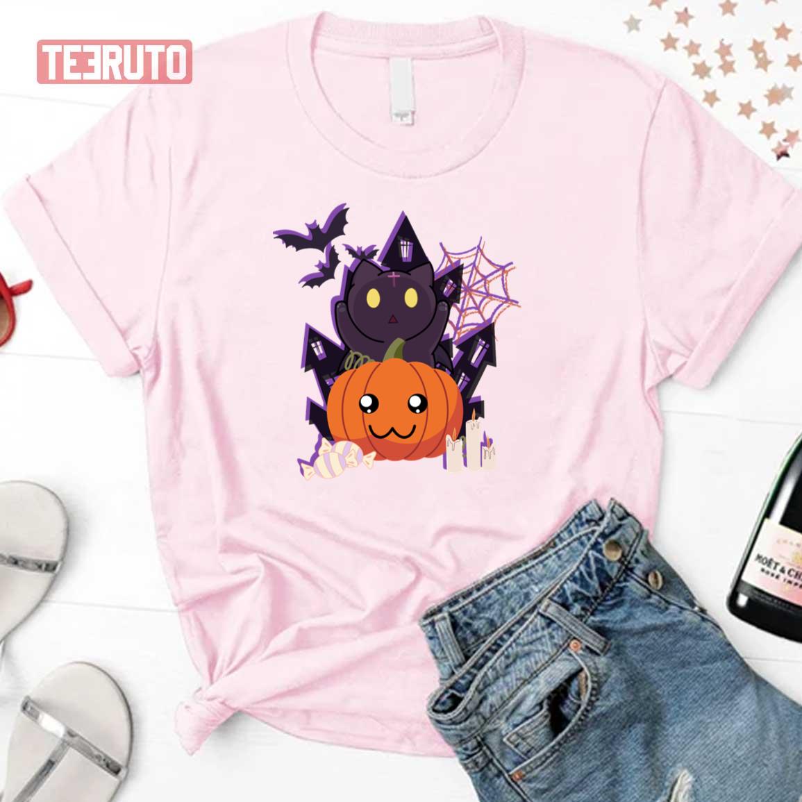 Anime Demon Cat And Pumpkin Halloween Unisex T-Shirt