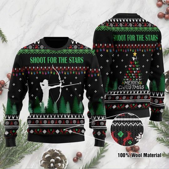 Archer Using Compound Bow With Sayings Shoot For The Stars Ugly Christmas Sweater | For Men & Women | Adult | US1010- Best Christmas Gifts 2023