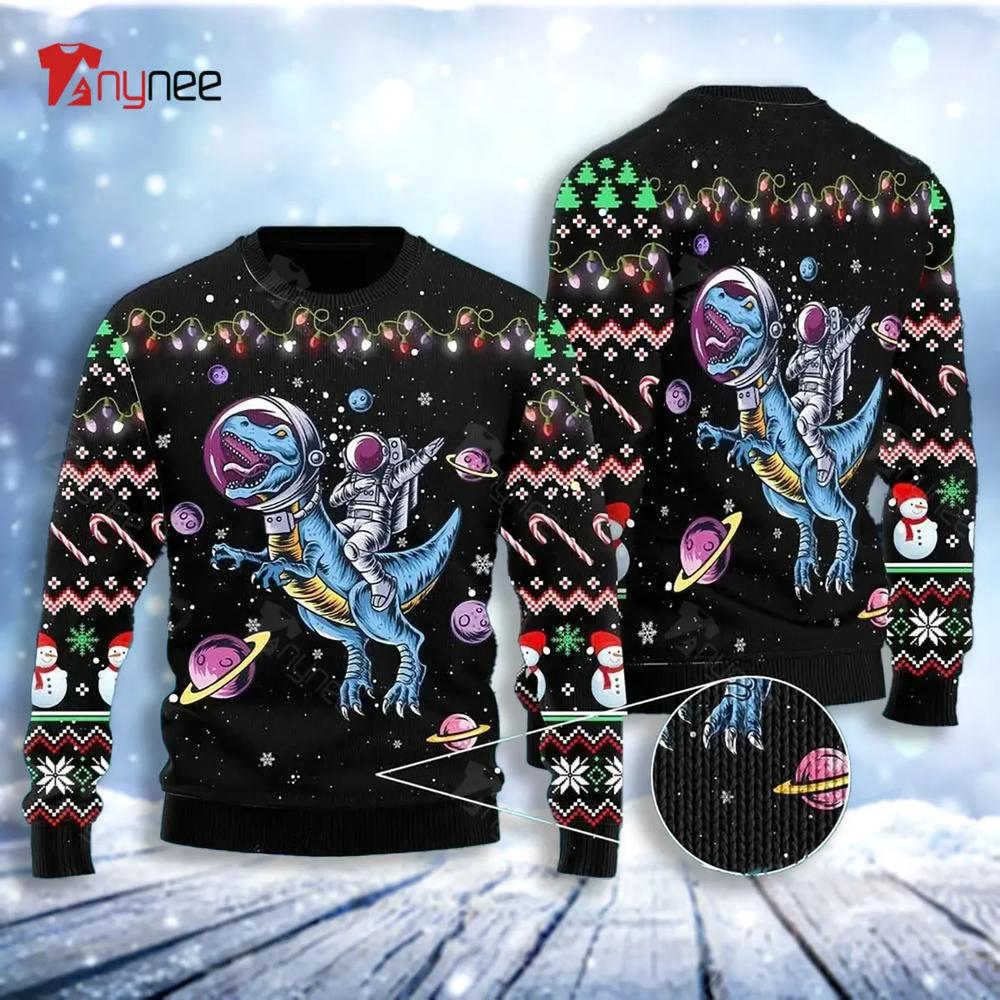 Astronauts Ride A T Rex In Space With The Planet Ugly Christmas Sweater- Best Christmas Gifts 2023