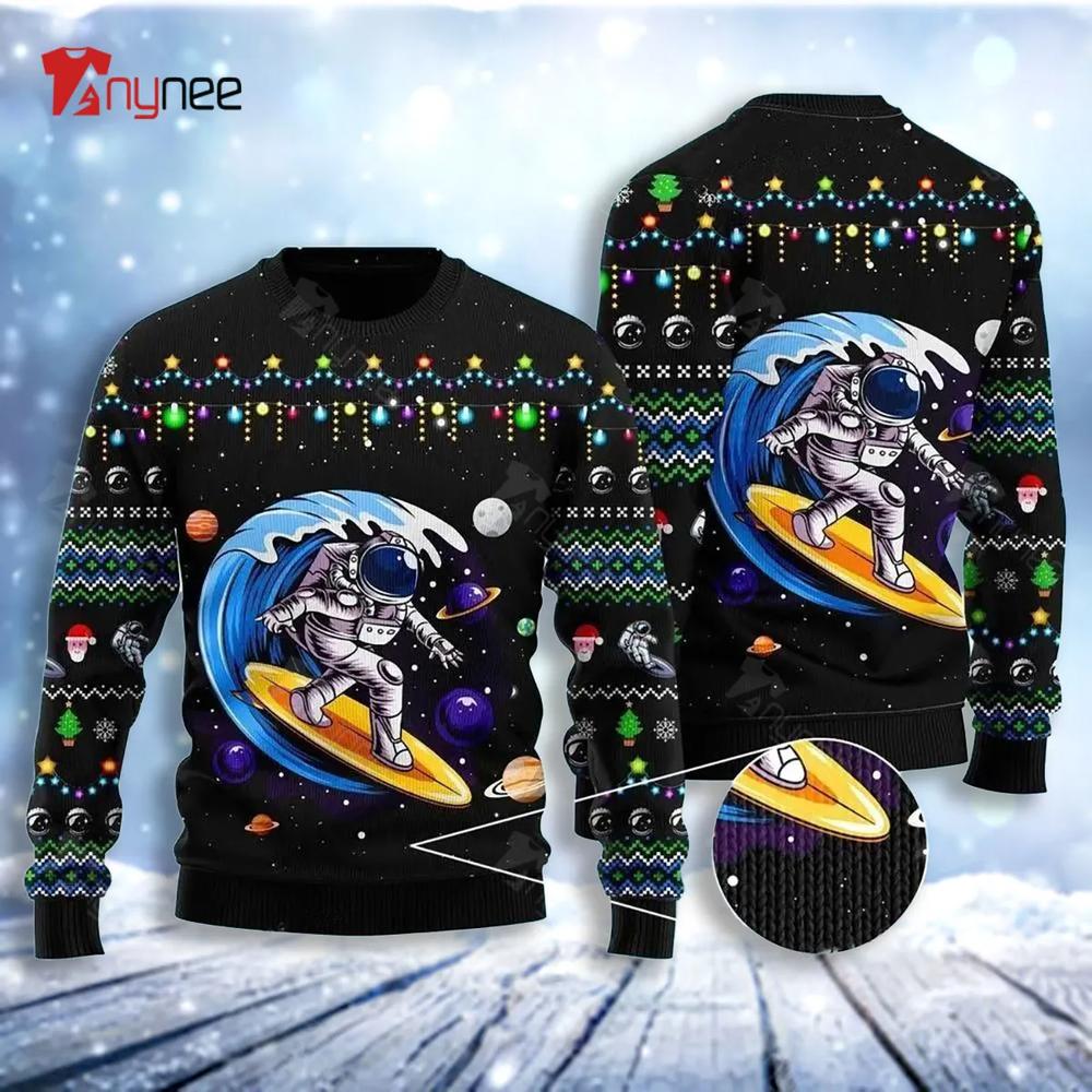 Astronauts Surf On A Surfboard In Space Ugly Christmas Sweater- Best Christmas Gifts 2023