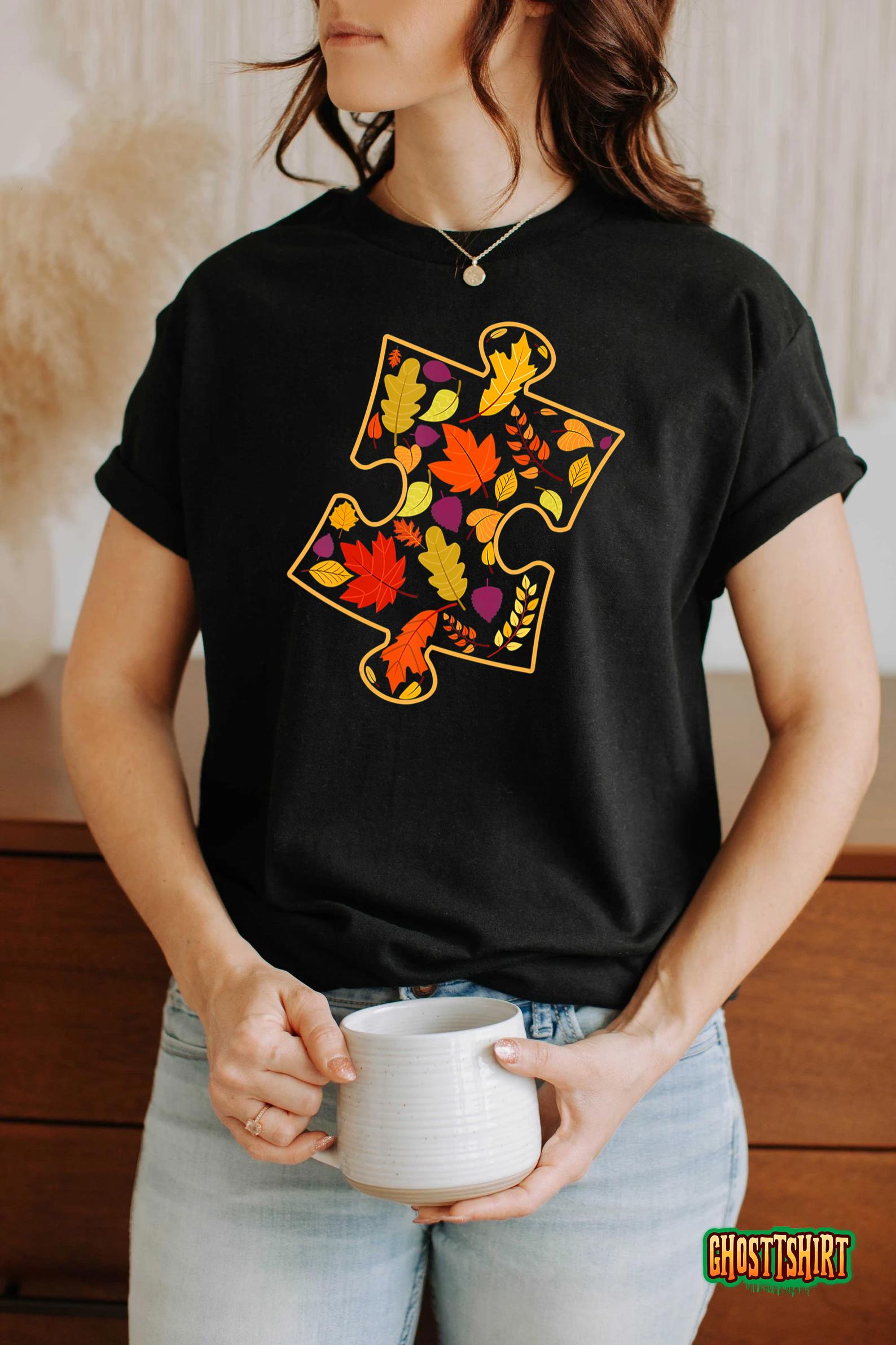 Autism Awareness Fall Leaf Autumn Thanksgiving Puzzle Piece T-Shirt