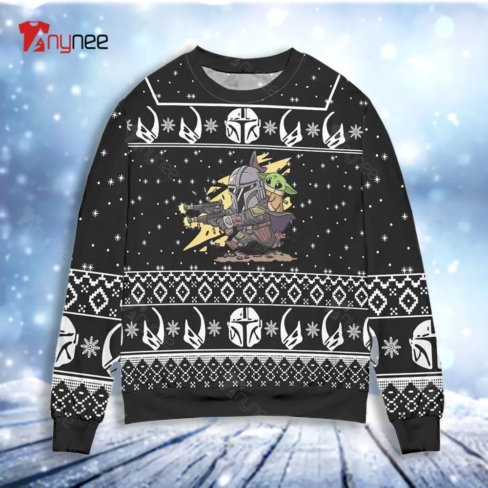 Baby Yoda Boba Fett Fire A Gun Star Wars Womens Ugly Christmas Sweater- Best Christmas Gifts 2023