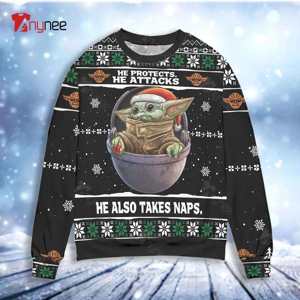 Baby Yoda He Protects He Attacks He Also Takes Naps Snowflake Womens Ugly Christmas Sweater- Best Christmas Gifts 2023