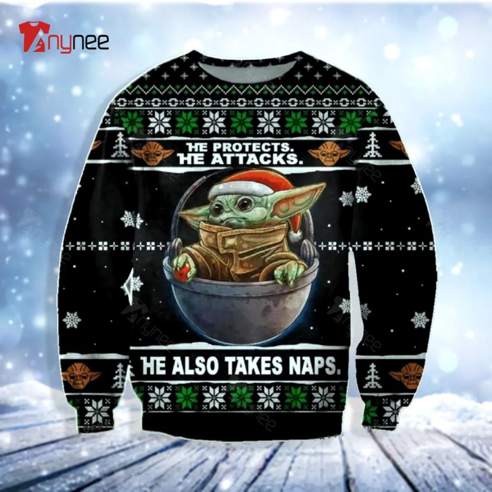 Baby Yoda He Protects He Attacks Ugly Christmas Sweater- Best Christmas Gifts 2023