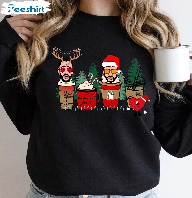 Bad Bunny Coffee Cups Christmas Shirt, Christmas Tree Crewneck Short Sleeve