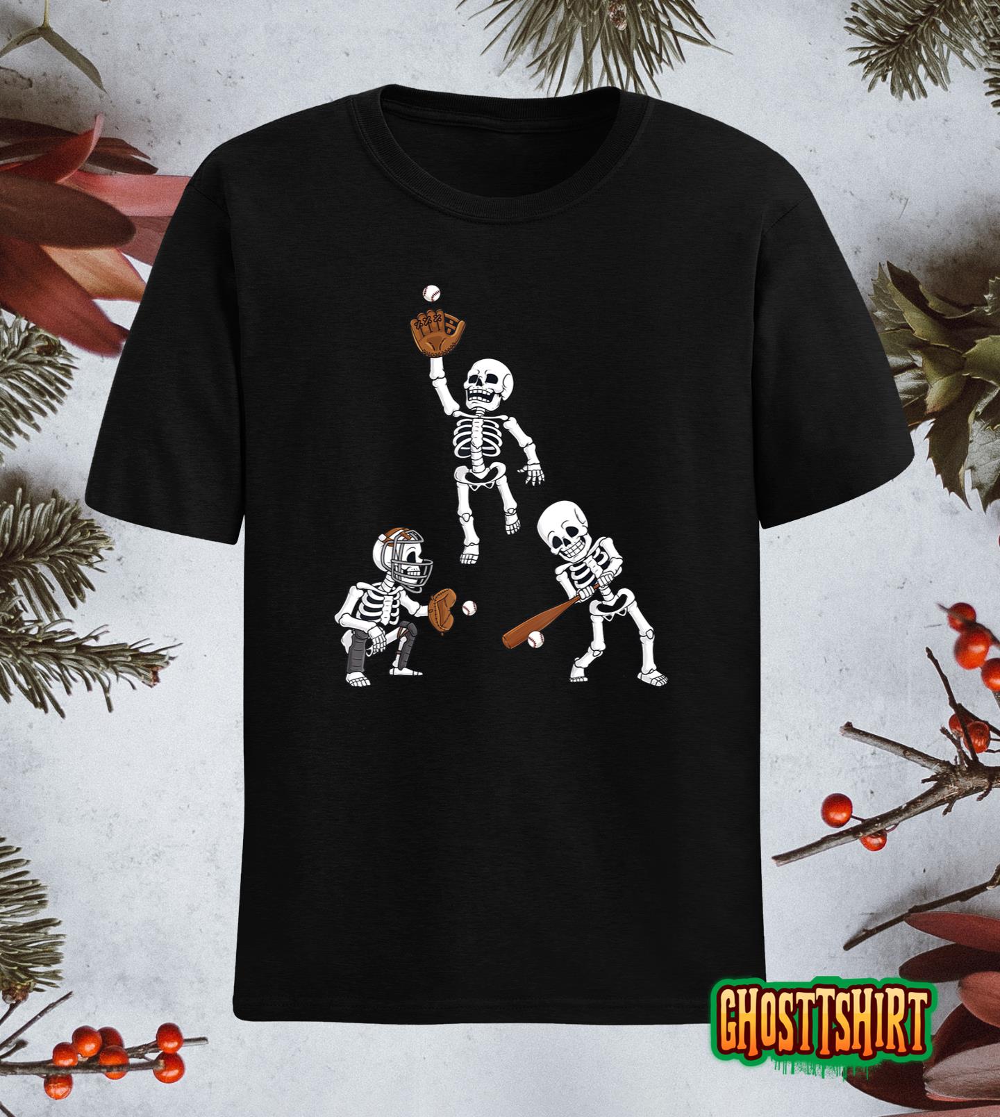 Baseball Halloween Skeletons Hitter Catcher Boys Kids Teen T-Shirt