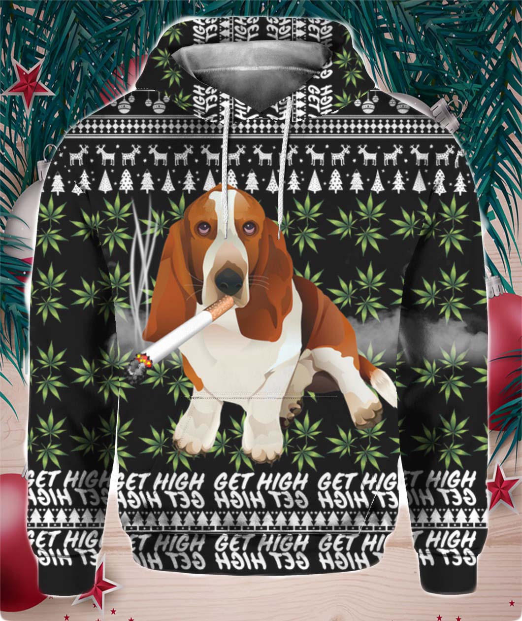 Basset Hound Get High Cannabis 3D Ugly Christmas Sweater- Best Christmas Gifts 2023