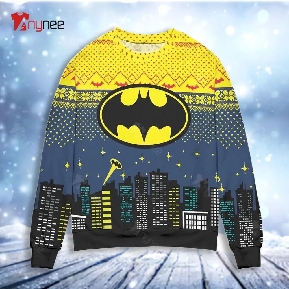 Batman Logo City Nights Ugly Christmas Sweater- Best Christmas Gifts 2023