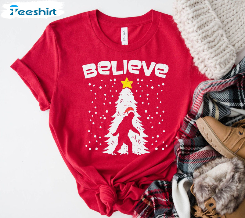 Believe Bigfoot Christmas Shirt, Christmas Tree Unisex Hoodie Tee Tops