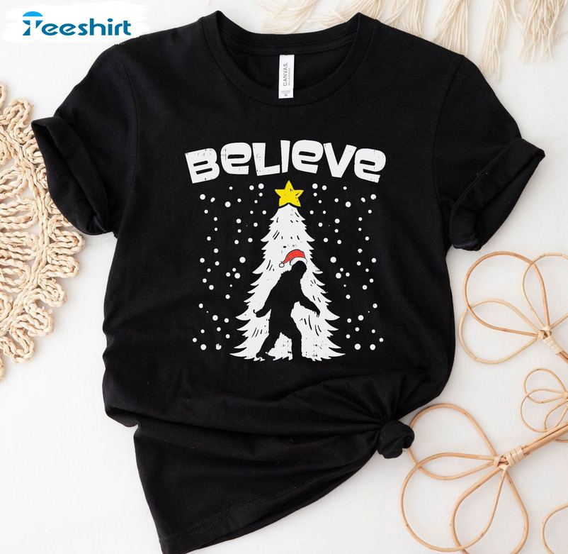 Believe Bigfoot Christmas Shirt, Christmas Tree Unisex Hoodie Tee Tops