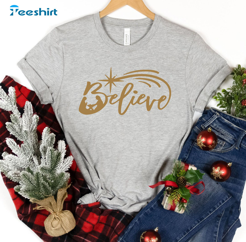 Believe Christmas Sweatshirt, Santa Claus Short Sleeve Sweater