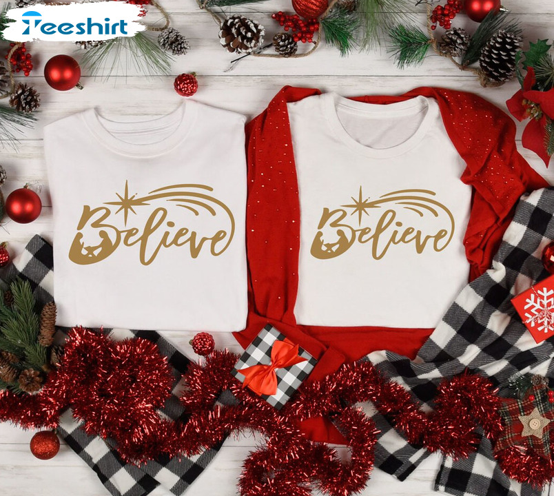 Believe Christmas Sweatshirt, Santa Claus Short Sleeve Sweater