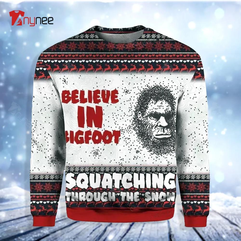 Believe In Bigfoot Squat Ching Through The Snow Ugly Christmas Sweater- Best Christmas Gifts 2023