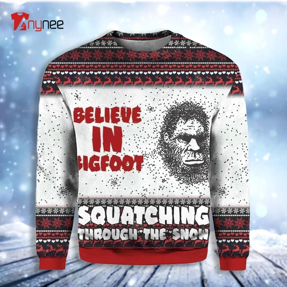 Believe In Bigfoot Squat Ching Through The Snow Ugly Christmas Sweater- Best Christmas Gifts 2023