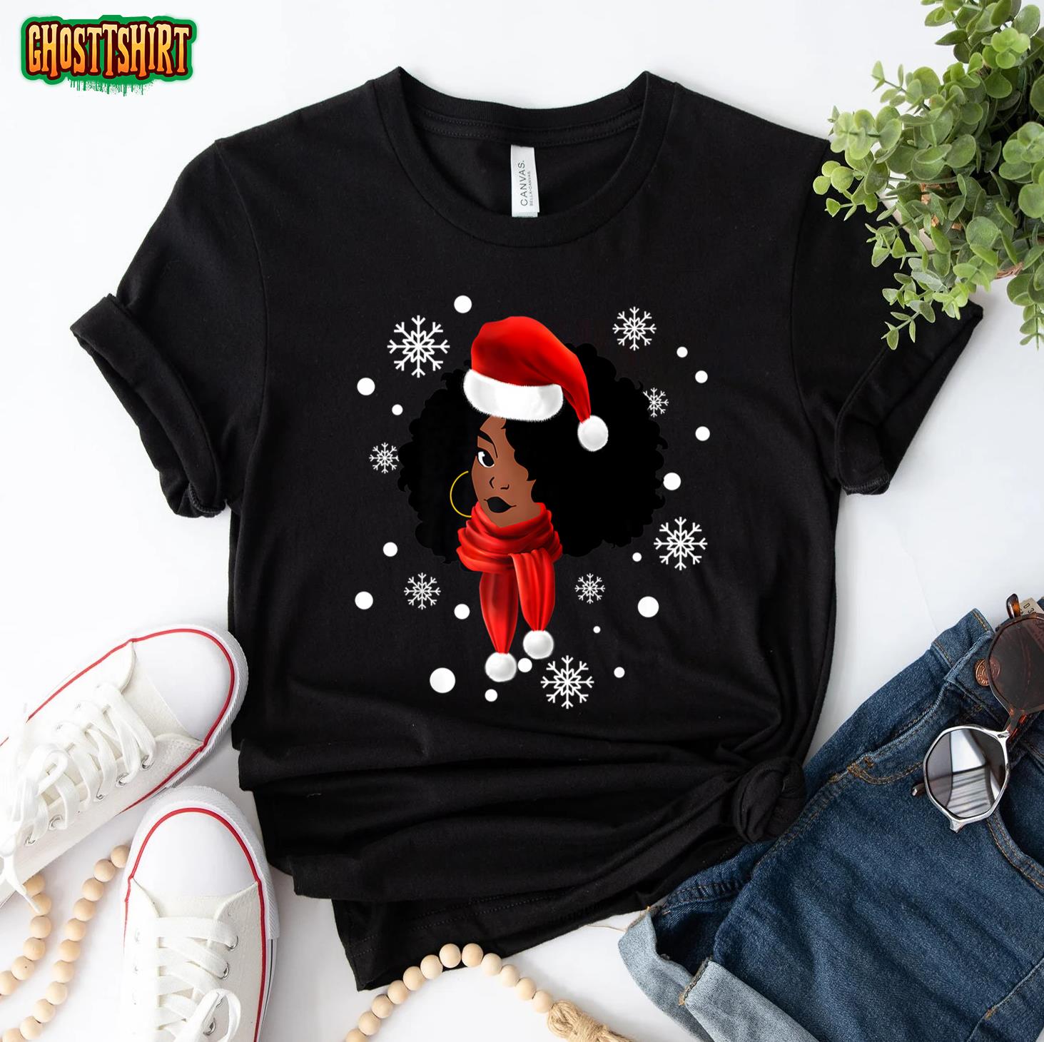 Black African American Santa Apparel Christmas Melanin Women T-Shirt