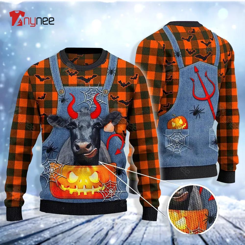 Black Angus Cattle Lovers Halloween Costume Denim Bib Ugly Christmas Sweater- Best Christmas Gifts 2023