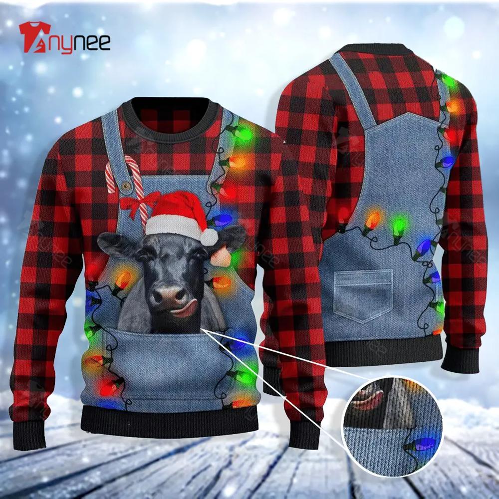 Black Angus Cattle Lovers Red Plaid And Denim Big Womens Ugly Christmas Sweater- Best Christmas Gifts 2023