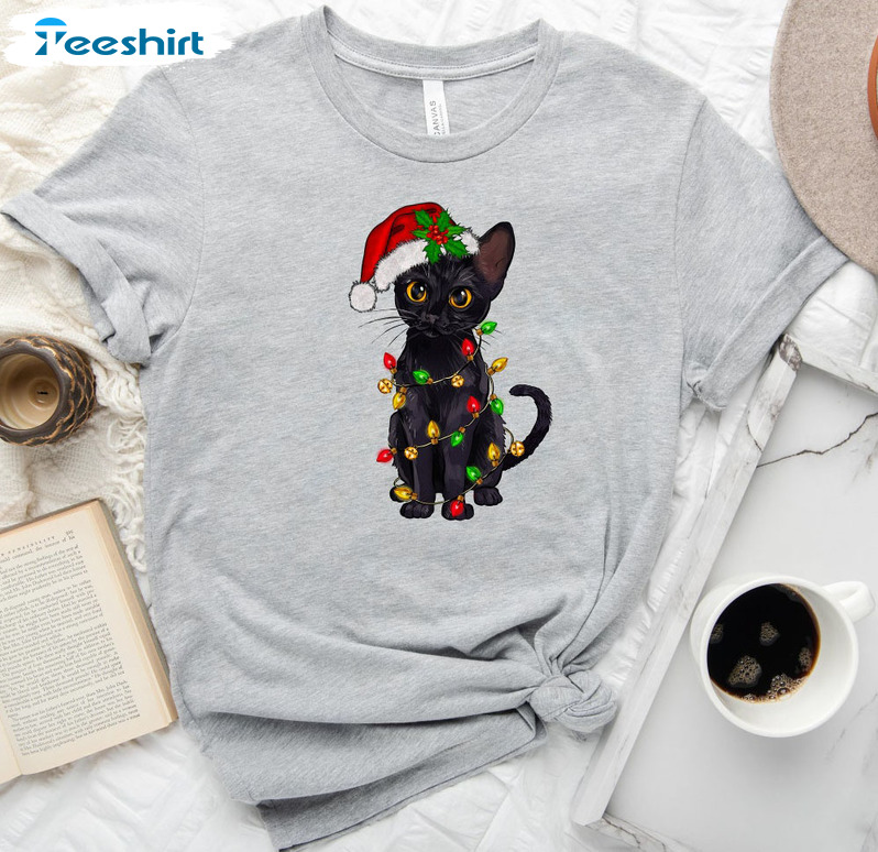 Black Cat Christmas Lights Shirt, Christmas Vintage Long Sleeve Unisex T-shirt