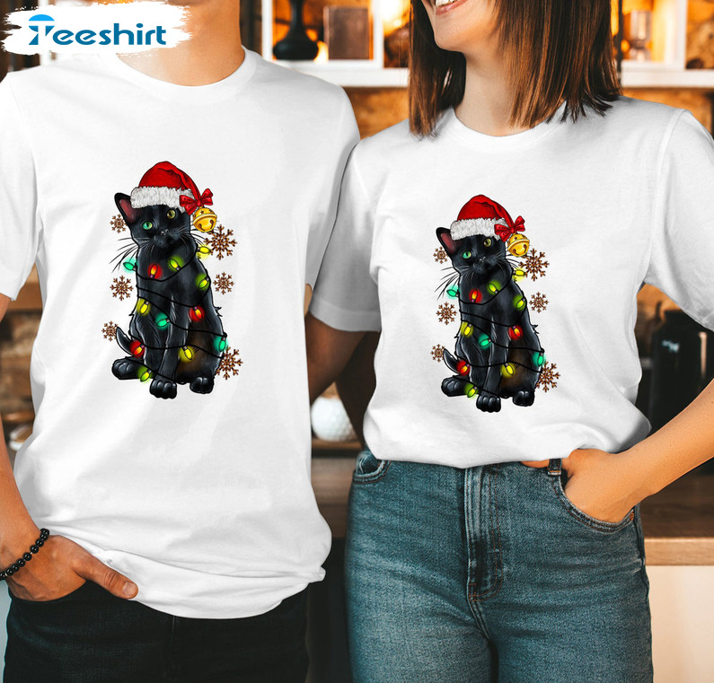 Black Cat Christmas Lights Shirt, Funny Family Sweatshirt Crewneck