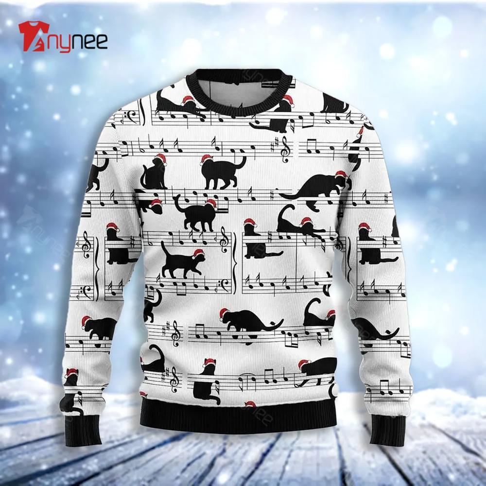 Black Cat Christmas Music Ugly Christmas Sweater- Best Christmas Gifts 2023