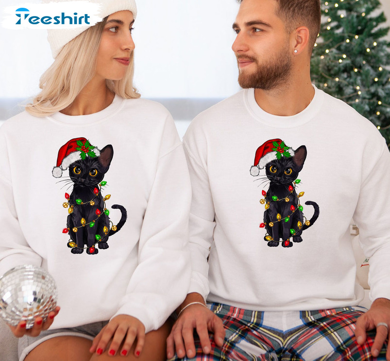 Black Cat Christmas Shirt, Christmas Lights Unisex Hoodie Long Sleeve