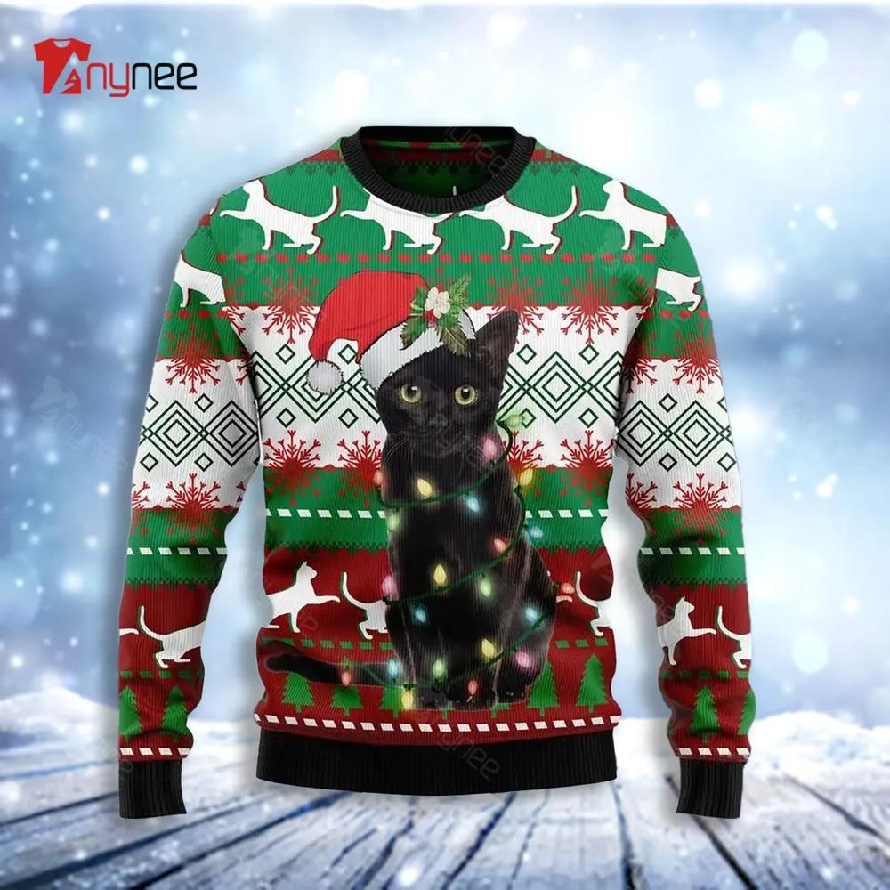 Black Cat Light Christmas Christmas Ugly Christmas Sweater- Best Christmas Gifts 2023