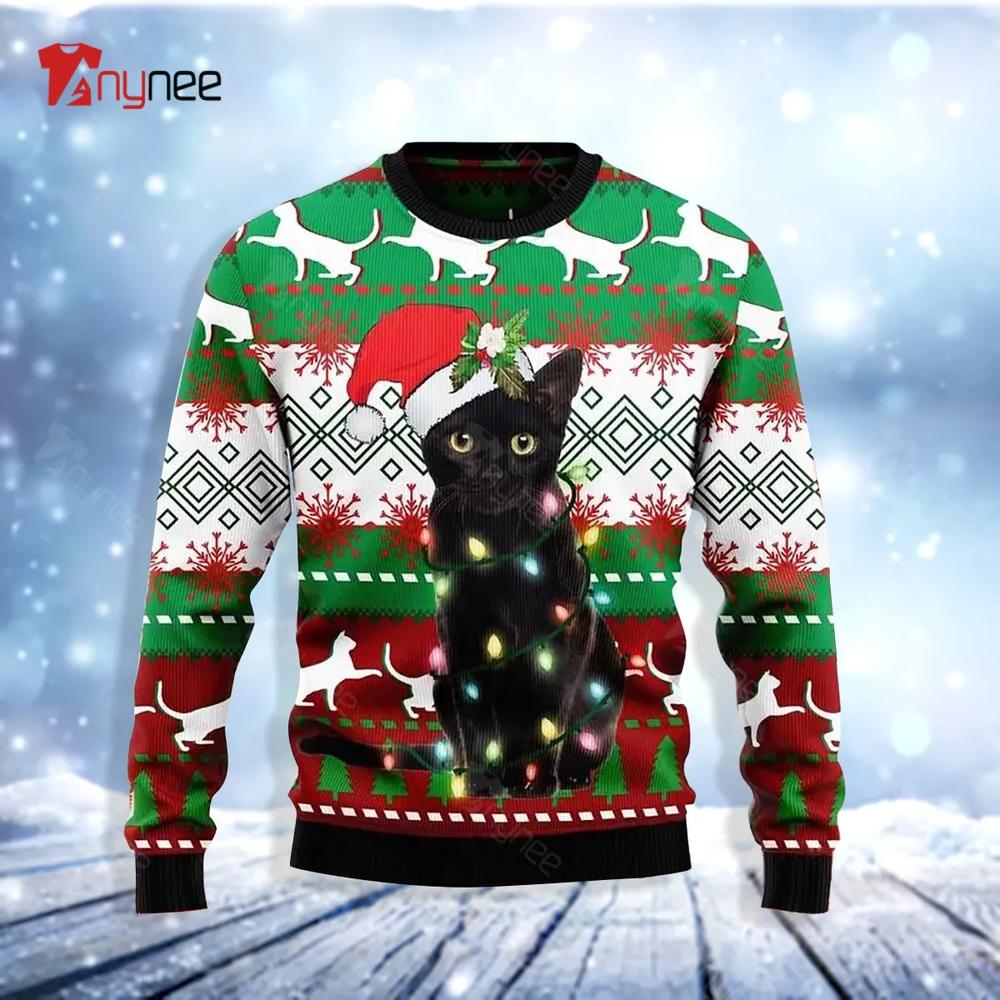 Black Cat Light Ugly Christmas Sweater- Best Christmas Gifts 2023