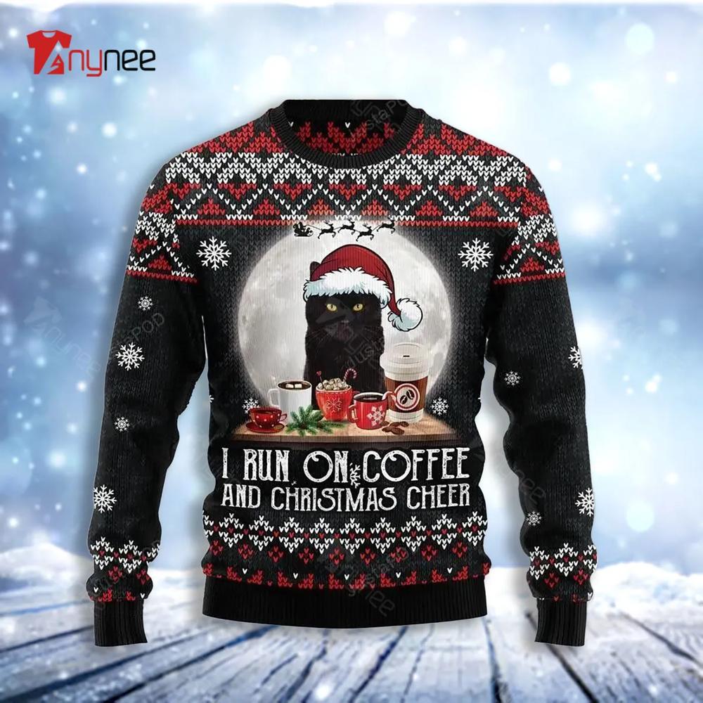 Black Cat Run On Coffee Ugly Christmas Sweater- Best Christmas Gifts 2023