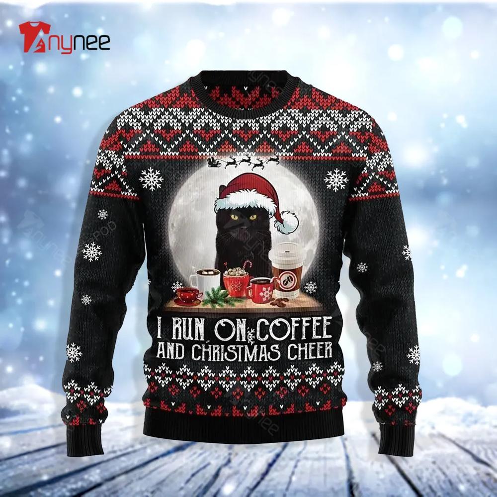 Black Cat Run On Coffee Ugly Christmas Sweater- Best Christmas Gifts 2023