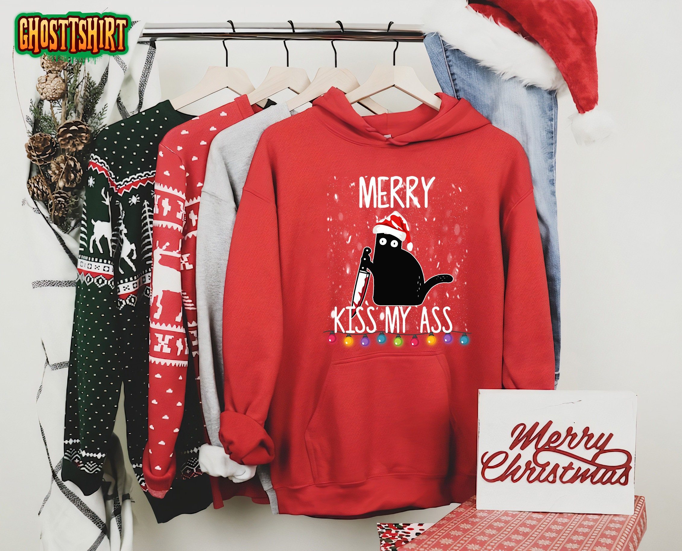 Black Cat Santa Hat Christmas Merry Kiss My Ass Sweatshirt