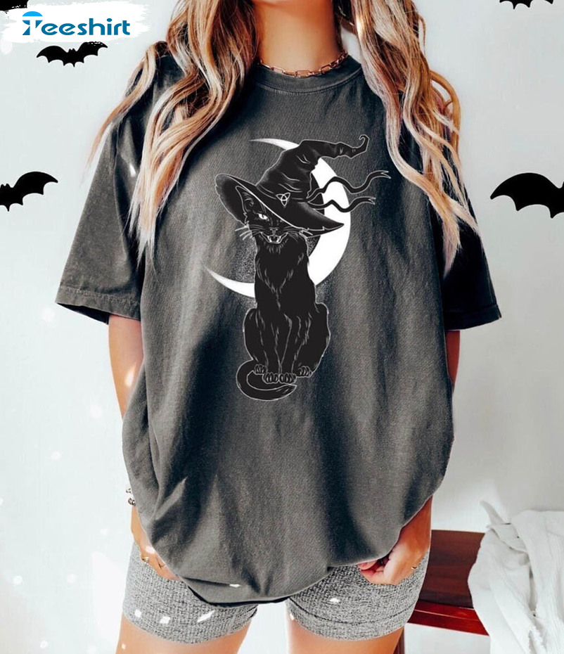 Black Cat Witch Halloween Shirt, Spooky Witchy Sweater Crewneck