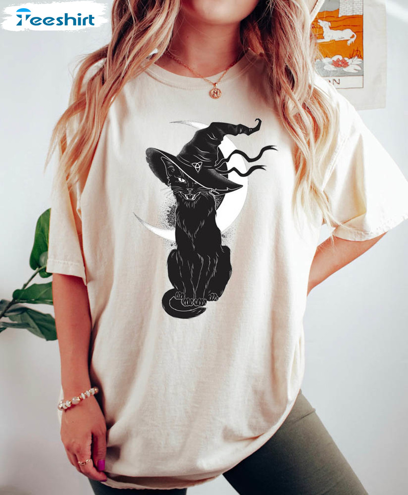 Black Cat Witch Halloween Shirt, Spooky Witchy Sweater Crewneck