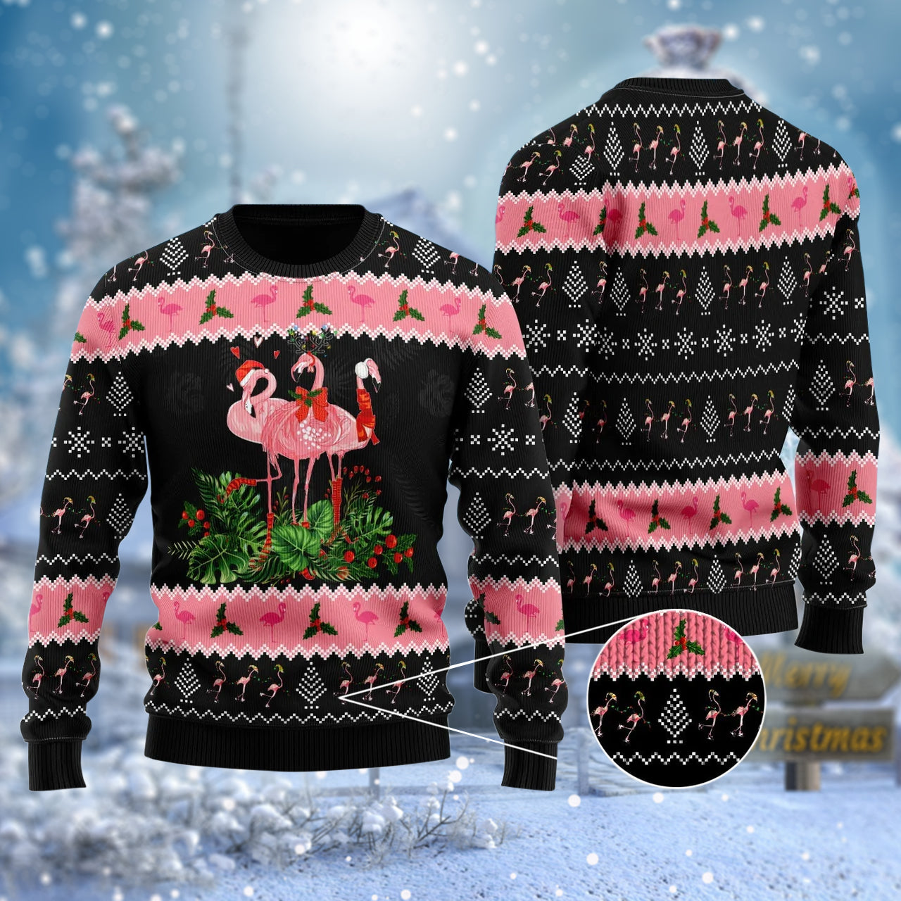 Black Pink Flamingo Jingle Bell In Area Ugly Sweater – Best Christmas Gifts 2023