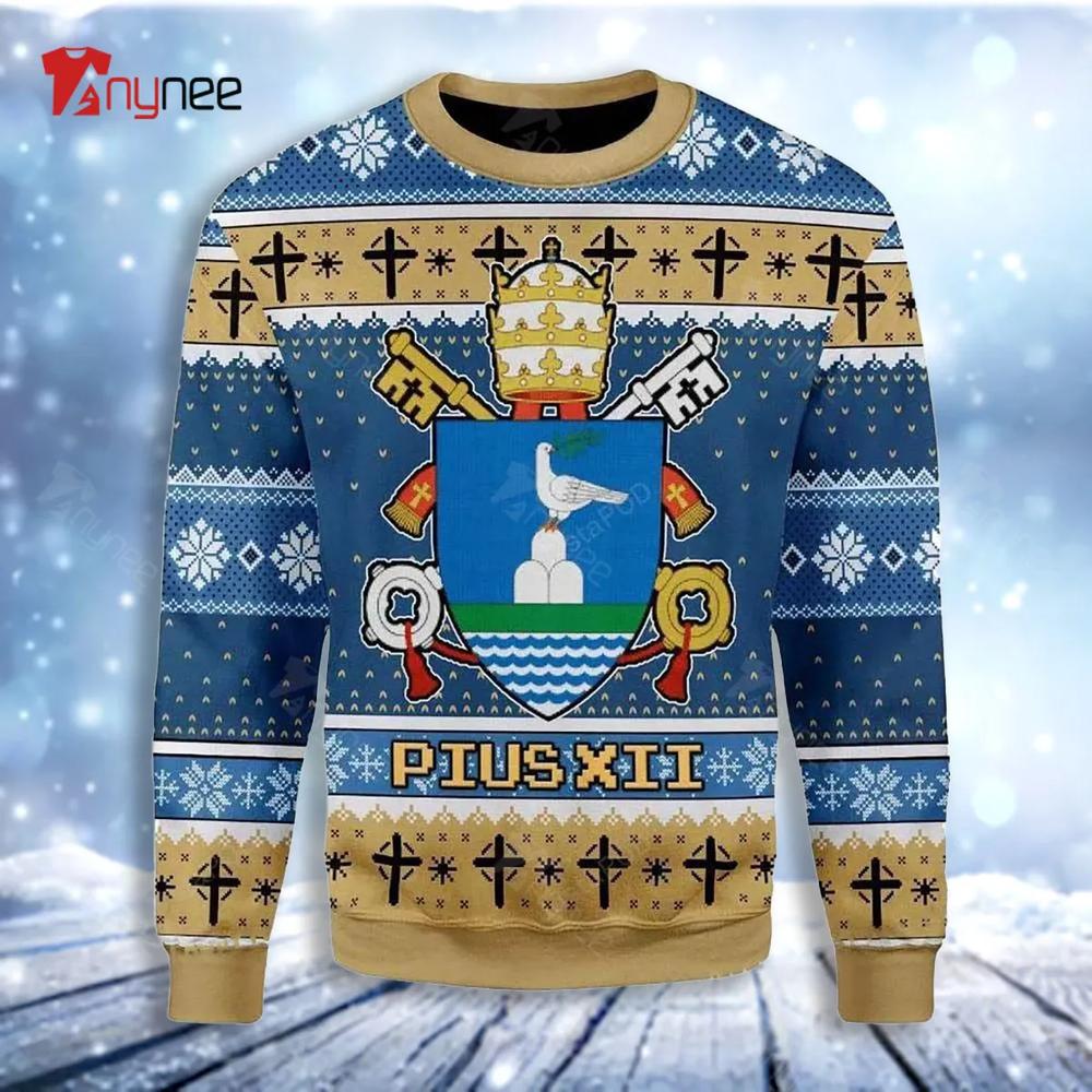 Blue Brown Christmas Pius Xll Coat Of Arms Gearhomiesugly Christmas Sweater- Best Christmas Gifts 2023