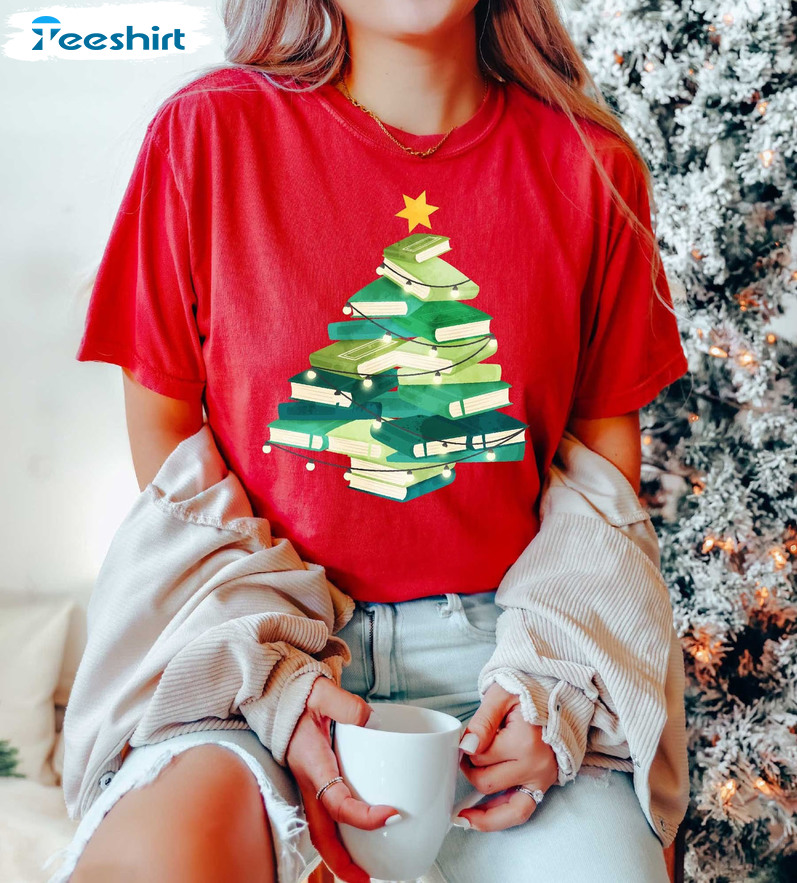 Book Tree Christmas Shirt – Christmas Bookworm Crewneck Long Sleeve