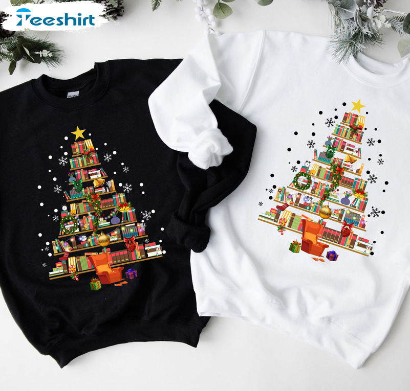 Book Tree Christmas Shirt – Teachers Book Long Sleeve Tee Tops