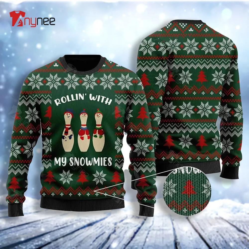 Bowling Rollin With My Snowmies Noel Pattern Ugly Christmas Sweater- Best Christmas Gifts 2023