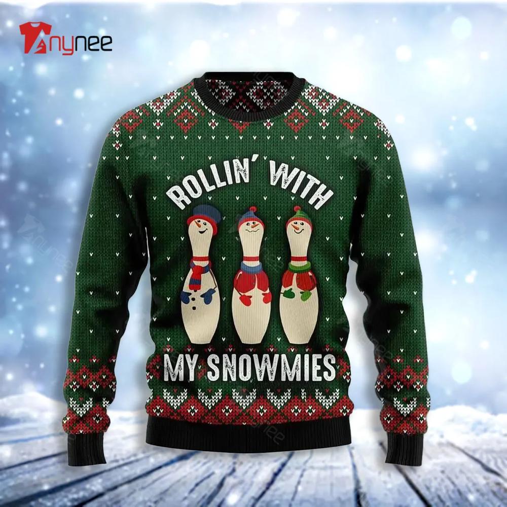 Bowling Rollin With My Snowmies Ugly Christmas Sweater- Best Christmas Gifts 2023