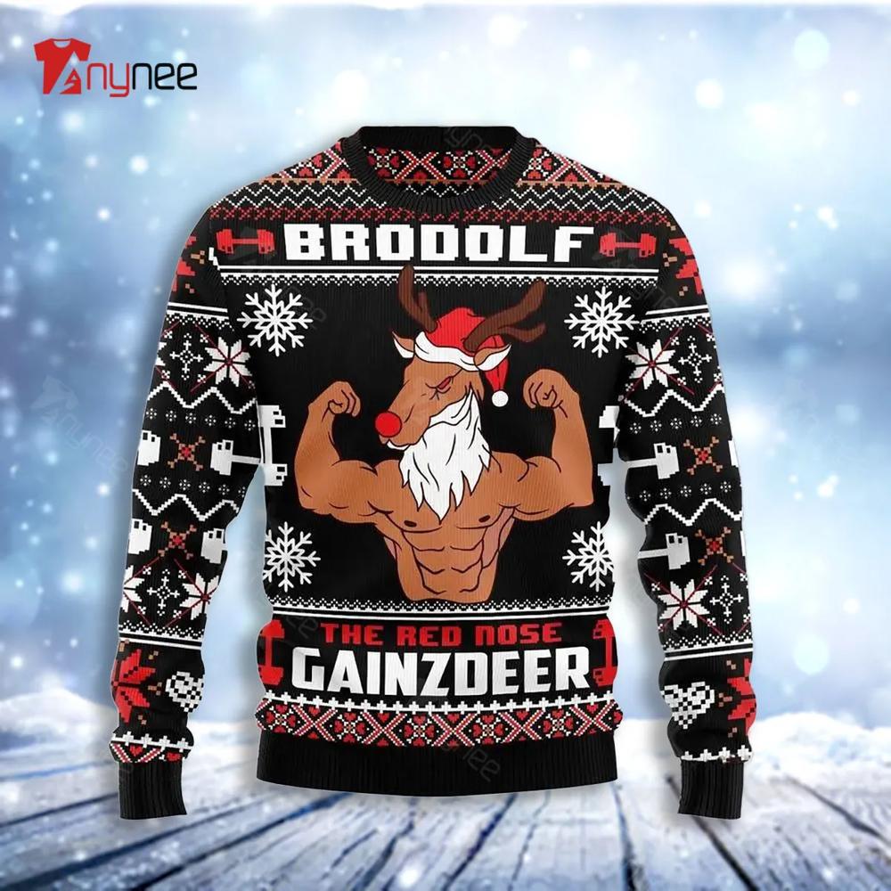 Brodolf The Red Nose Gainzdeer Gym Ugly Christmas Sweater- Best Christmas Gifts 2023