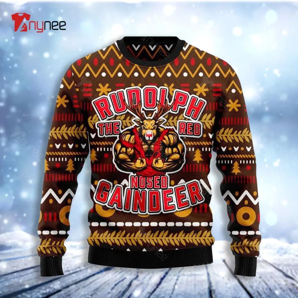 Buffed Rudolph The Red Nosed Reindeer Ugly Christmas Sweater- Best Christmas Gifts 2023