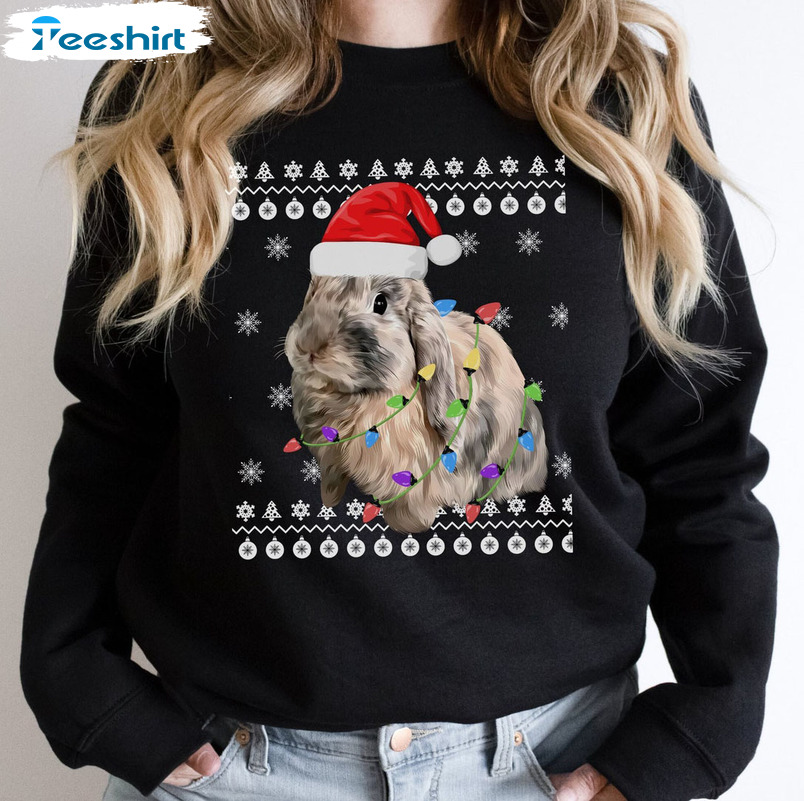 Bunny Christmas Lights Shirt, Cute Bunny Unisex Hoodie Long Sleeve