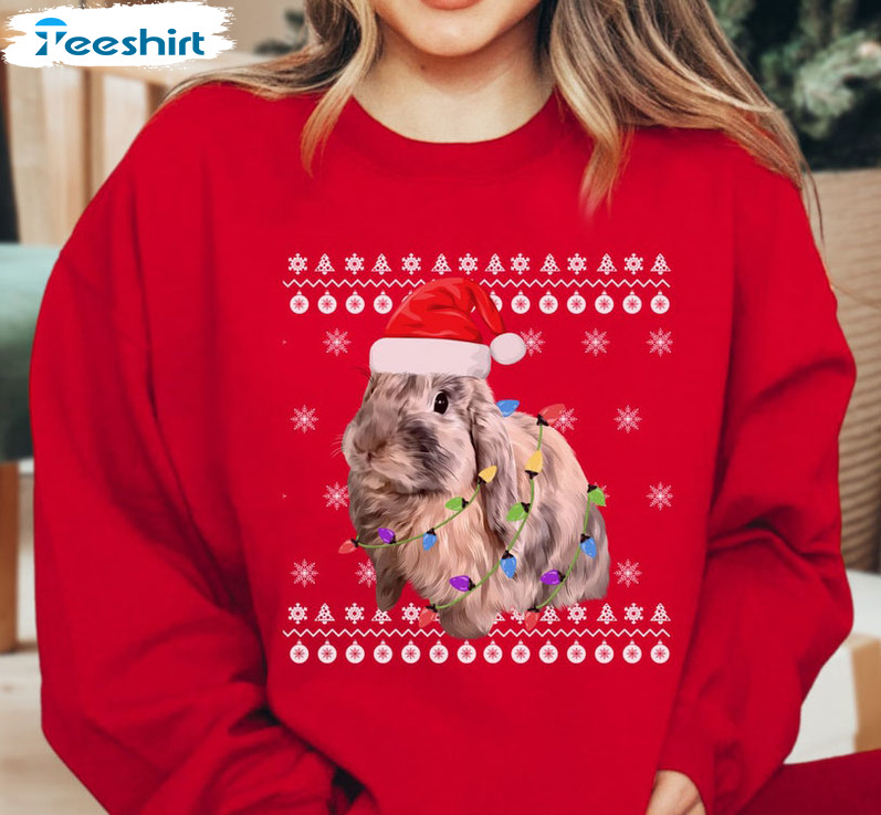 Bunny Christmas Lights Shirt, Cute Bunny Unisex Hoodie Long Sleeve